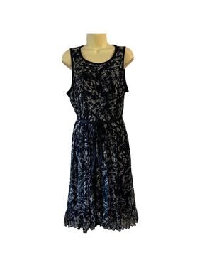 ILE Size 12 Navy & Beige Print Stretch Knit Dress with Tie Belt NWT Sleeveless